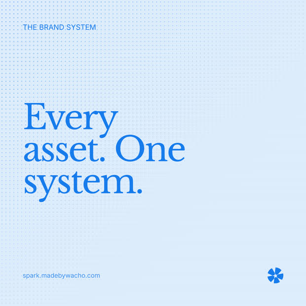 Spark design system asset: light blue editorial post reading Every asset, one system.
