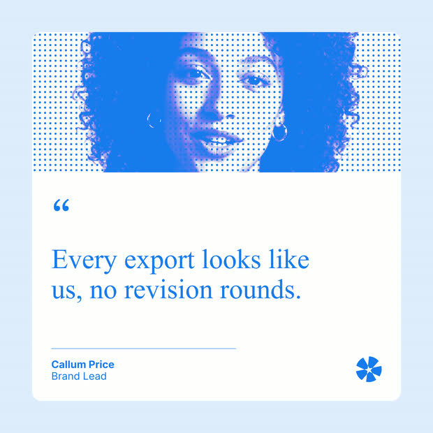 Spark design system asset: halftone-portrait quote post reading Every export looks like us, no revision rounds.