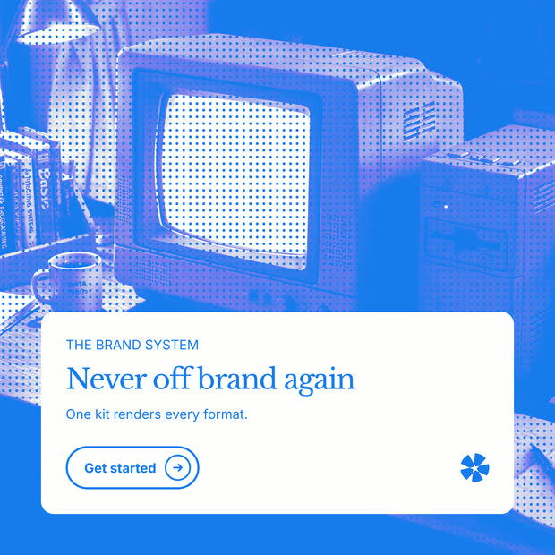 Spark design system asset: blue halftone post with retro monitors reading Never off brand again.