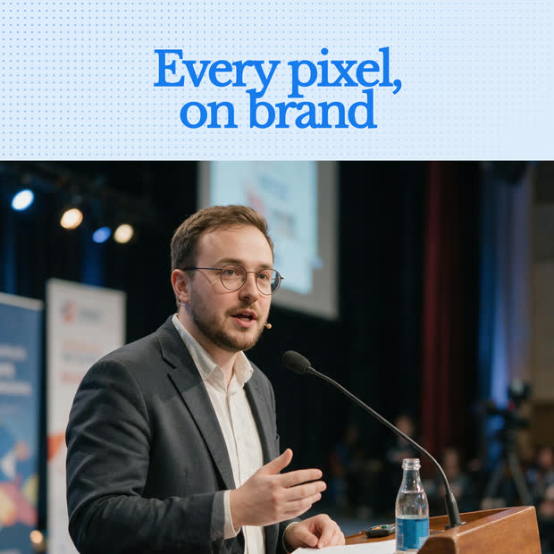 Spark design system asset: statement post with a speaker photo reading Every pixel, on brand.