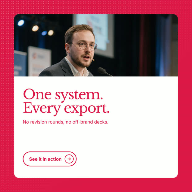 Spark design system asset: crimson hero card with a speaker photo reading One system. Every export.
