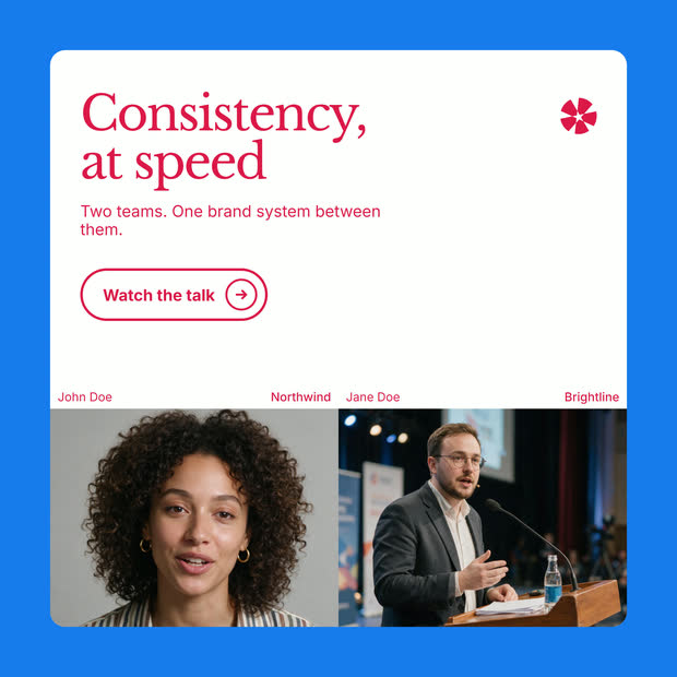 Spark design system asset: blue feature post with two portraits reading Consistency, at speed.