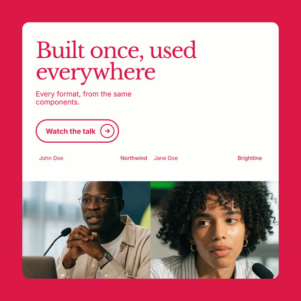 Spark design system asset: crimson feature post headlined Built once, used everywhere.